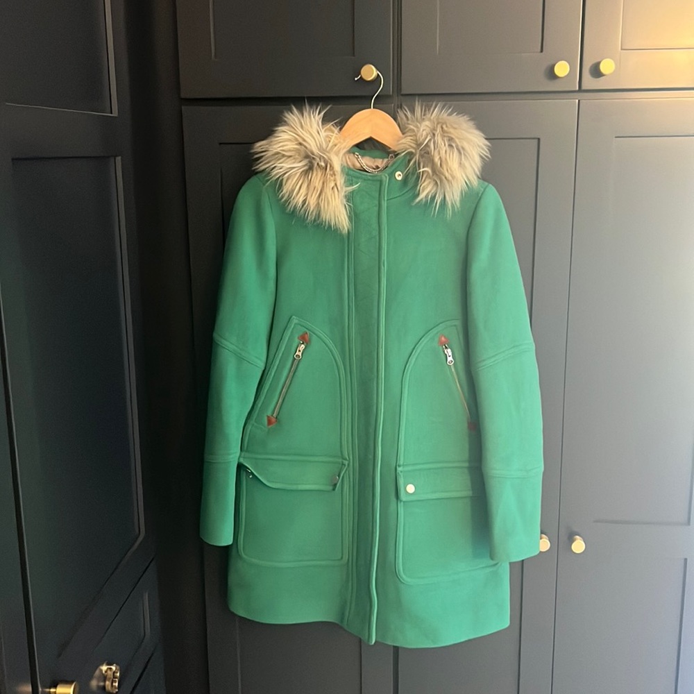 J crew green wool blend hooded fur coat GUC SIZE 6T